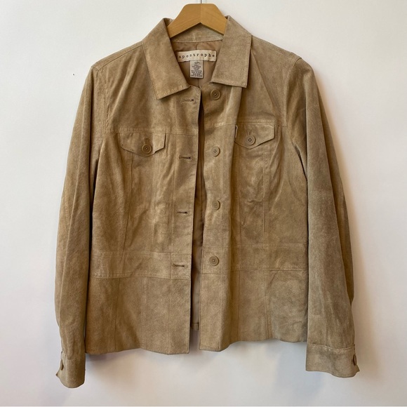 Apostrophe 100% Genuine Soft Suede Leather Jacket Beige Tan Women's 12 Petite - Picture 1 of 7